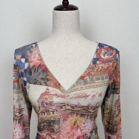 Y2K Vibrant Hawaiian Print Top Womens Medium* Hula Girl Lettuce Hem Dainty Fairy - Picture 2 of 12